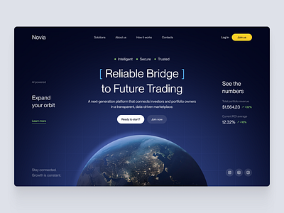 Reliable Bridge to Future Trading 🌍 darkmode figma fintech fintechdesign fintechui gradientui herosection investmentapp tradingplatform ui ux