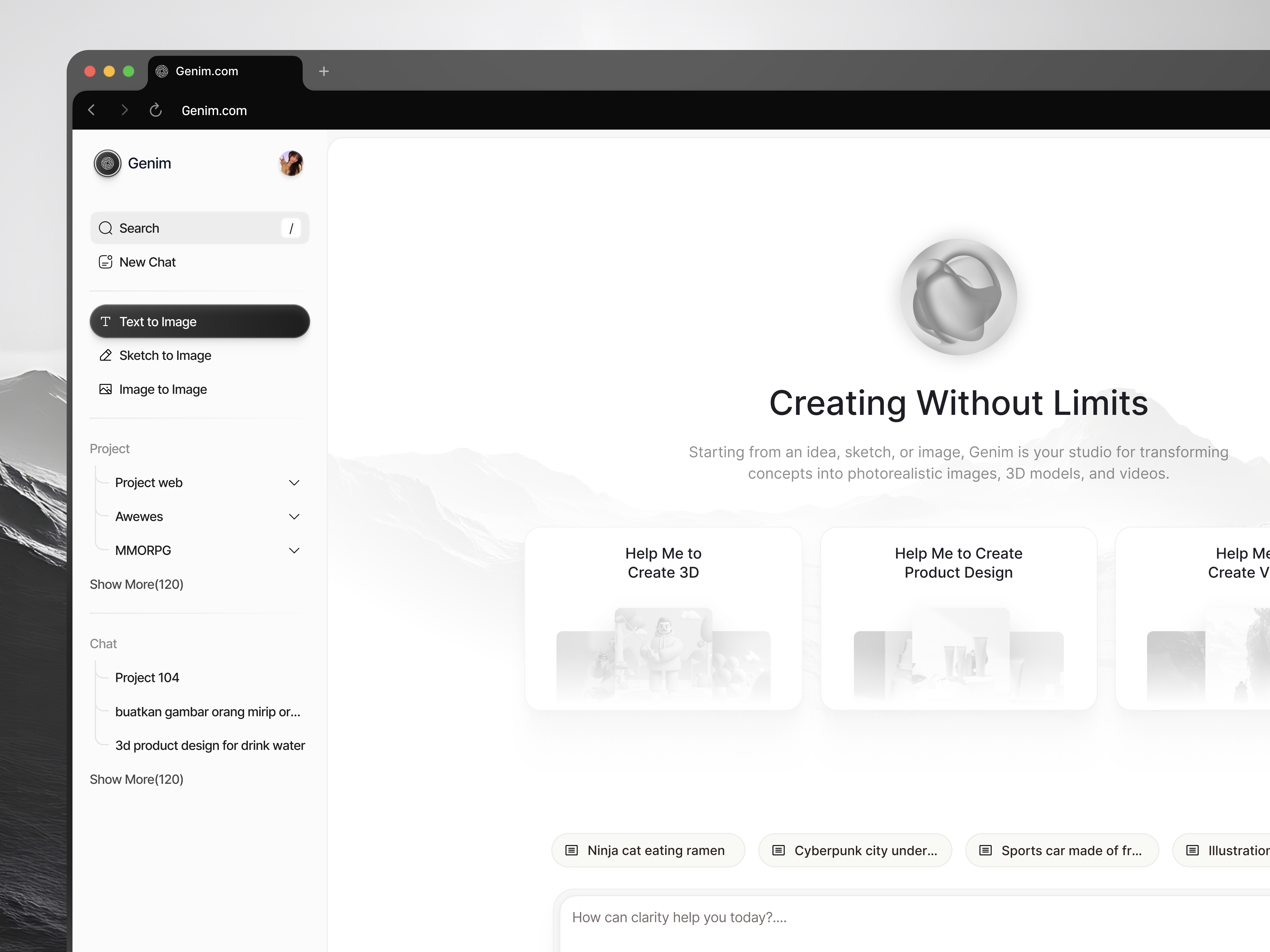 Genim - Ai Image Generator ai ai generator artificial intelligence assistant black and white chat ai chat bot chatgpt dashboard deepseek image generator minimalist monochrome product product design saas web app