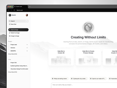 Genim - Ai Image Generator ai ai generator artificial intelligence assistant black and white chat ai chat bot chatgpt dashboard deepseek image generator minimalist monochrome product product design saas web app
