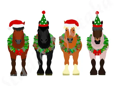 Belgian draft horse group with Chrismas decorations. animal belgian cartoon christmas cute design draft graphic design hand drawn horse illustration