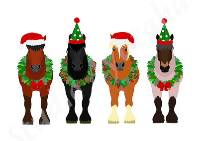 Belgian draft horse group with Chrismas decorations. animal belgian cartoon christmas cute design draft graphic design hand drawn horse illustration