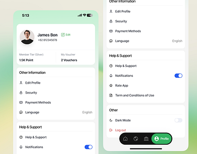 Settings Exploration darkmode design infomation logout mobile payment profile settings typography ui userinformation ux