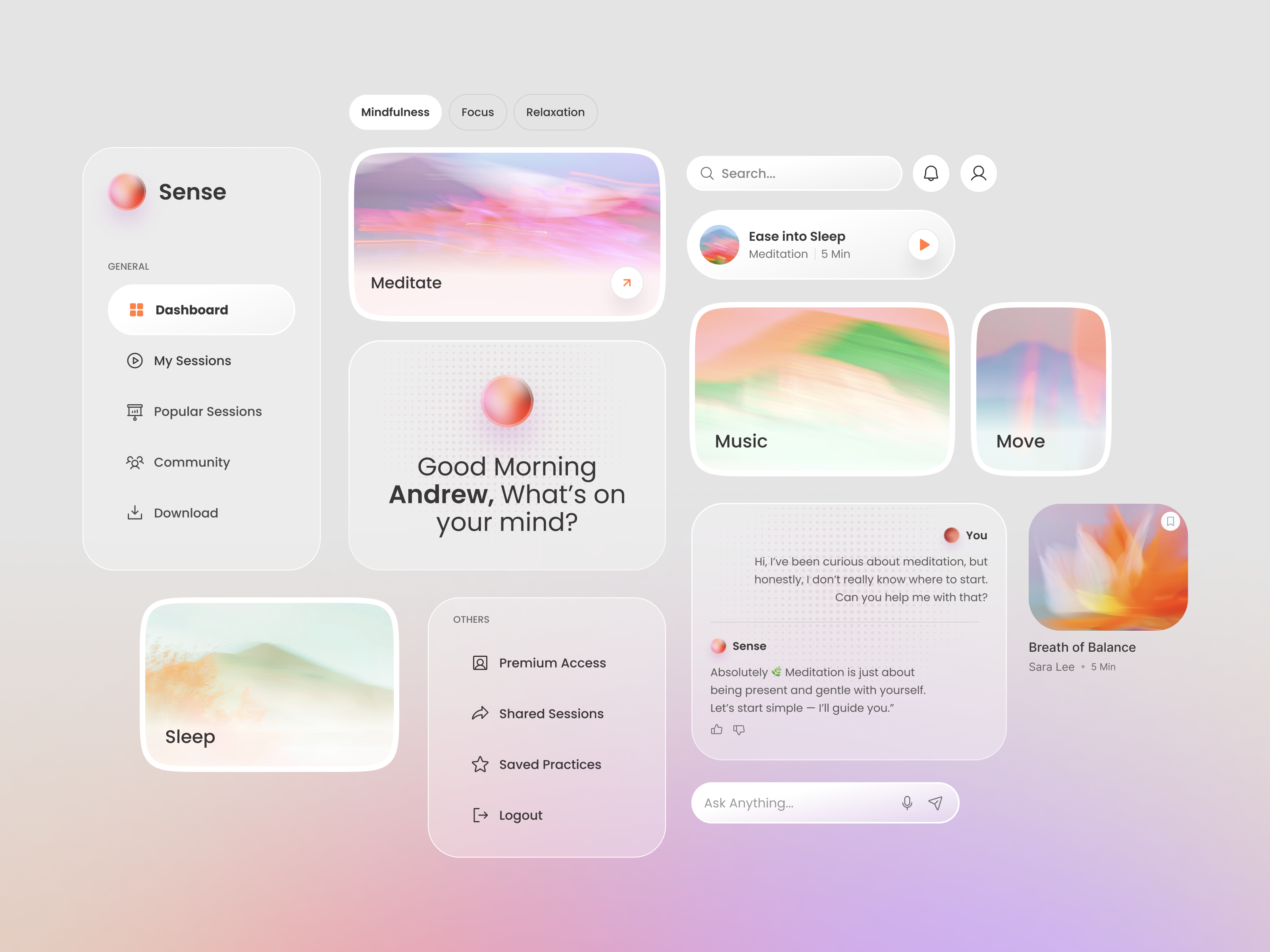 Sense - AI Powered Meditation App ai ai powered app calm dashboard health health care landingpage meditation mental health mobile stress ui web web app website