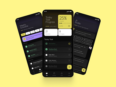 Buddy - AI Powered Productivity Partner ai asdas chat chat bot design clean ui daily ui dark mode figma design habit tracker mobile app motivation app planner productivity smartapp task manager time management ui ux work life balance yellow
