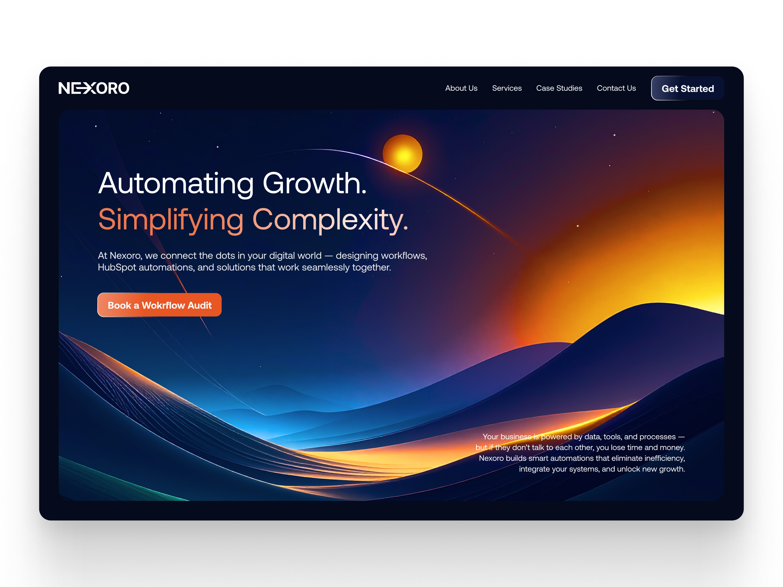 Nexoro - Growth Automation Agency Website agency ai beautiful black branding crypto dark figma futuristic graphic design home landing page n8n navy orange simple sky ui web3 website