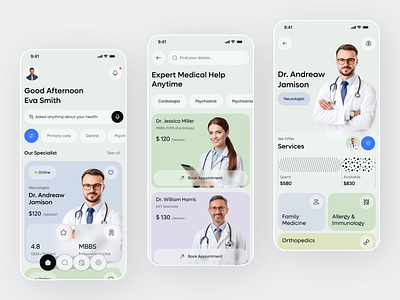 AI Healthcare App Design ai assistant ai health doctor app doctor appointment doctor consultation find doctor health monitoring health tracker healthcare medical ai medical app mobile mobile app patient care telemedicine ui zocdoc