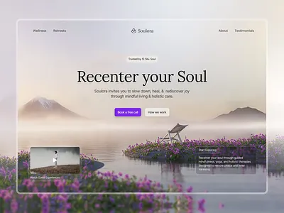 Soulora - Wellness & Retreat Website | Landing Page UI Design calm ui design health website illustration interface mindful living minimal service startup ui uiux user interface ux web web design web platform website website design wellness