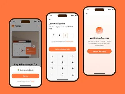 Renta: Sign Up Flow app design app login screen auth screen clean mobile app design onboarding otp code otp verification sign up sign up flow ui ui design user interface ux ux design verification screen