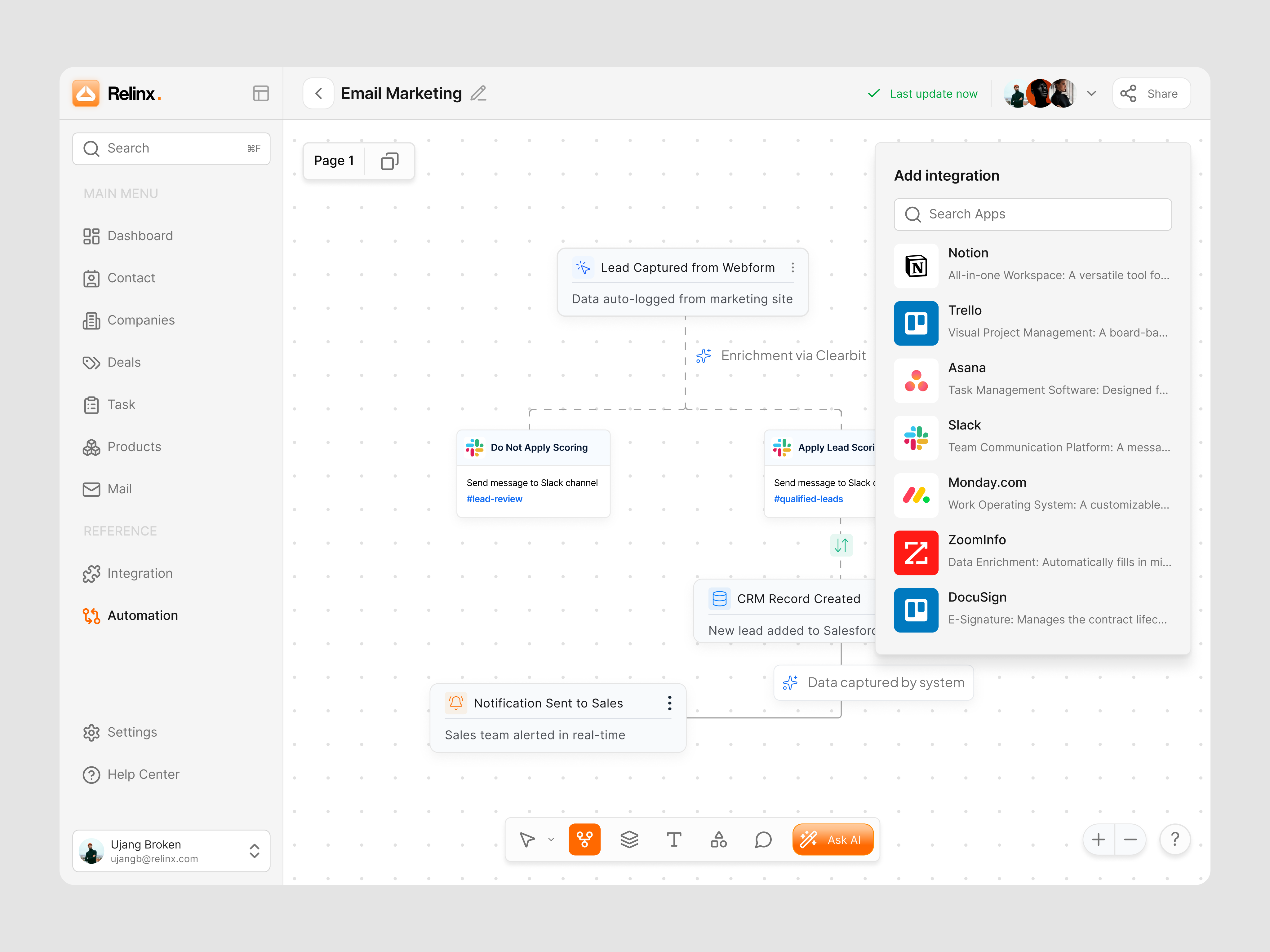 Relinx - CRM Dashboard (Automation Page) ai automation crm dashboard design inspo landing page saas ui ui design web design