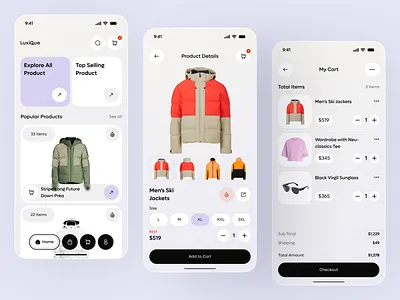 Modern E-Commerce Fashion App UI Design app design cart page clothing app e commerce ecommerce ecommerce app ecommerce concept ecommerce design fashion app ui fashion store app luxury ecommerce mobile mobile app mobile shopping app online store ui product details screen shop app ui shopping mobile app ui design