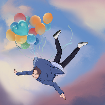 BOY WITH BALLOONS art artist color draw illustration