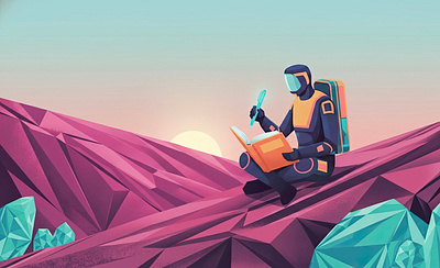 Stylized Astronaut Studying on Alien Geometric Landscape adventure astronaut conceptual design education theme environment future knowledge geometric art illustration illustration by xinyan landscape illustration magenta landscape remote learning research space exploration travel vector illustration web