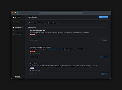 Documentation Tool - Dark Mode app app ui clean clean ui dark mode diary documentation project sidebar spaces ui ux web app