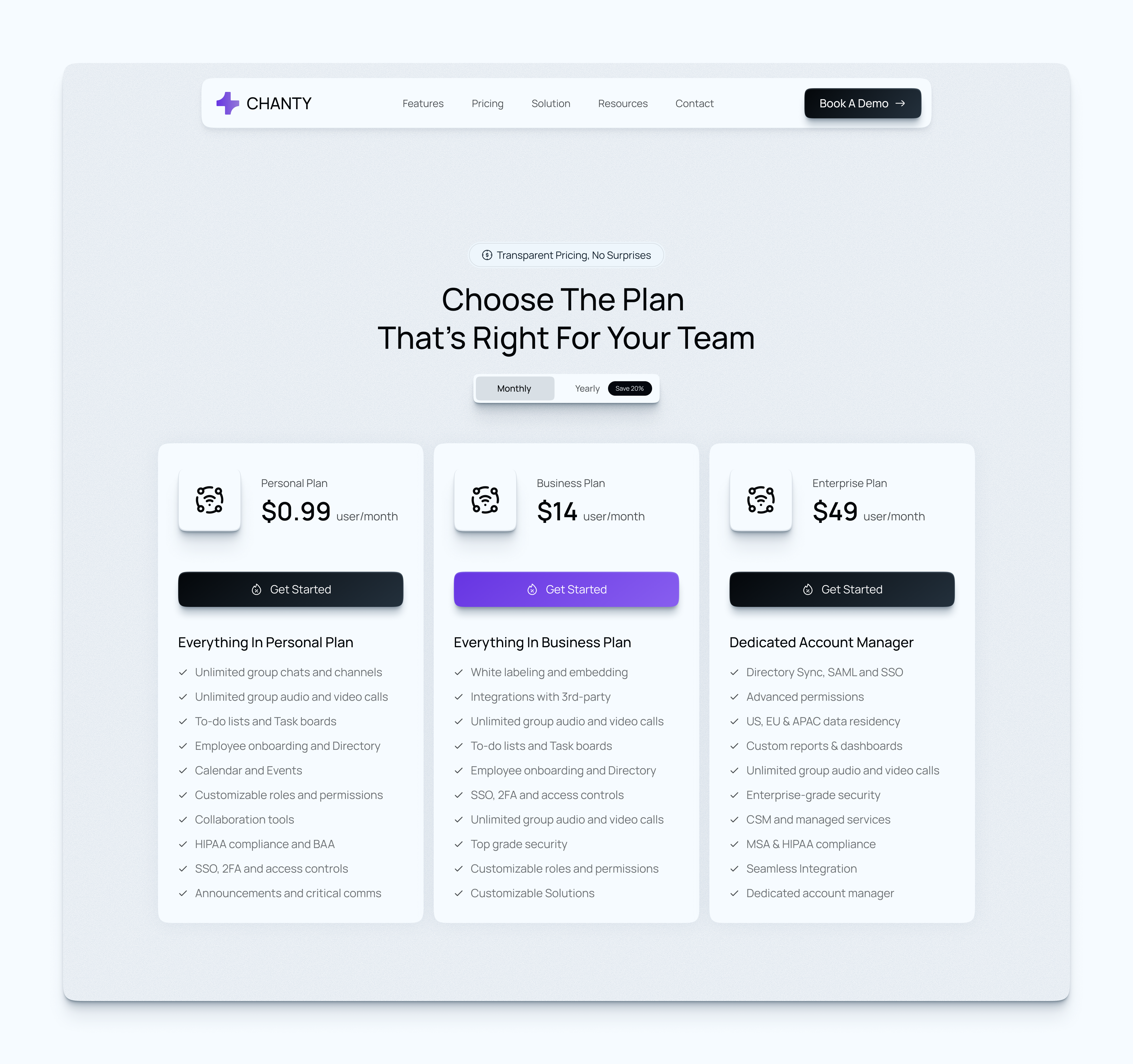 Pricing Page - Chanty b2b figma minimalism minimalist modern plans pricing pricing cards pricing page pricing plan pricing plans pricing table saas saas landing page saas pricing web design web pricing website design