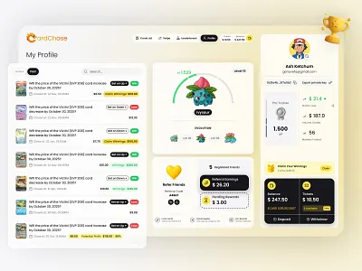 CardChase – User Profile card game collectible cards crypto dashboard finance game gradient pokeball pokedex pokemon prediction app referrals rewards trading ui user profile ux wallet xp yellow