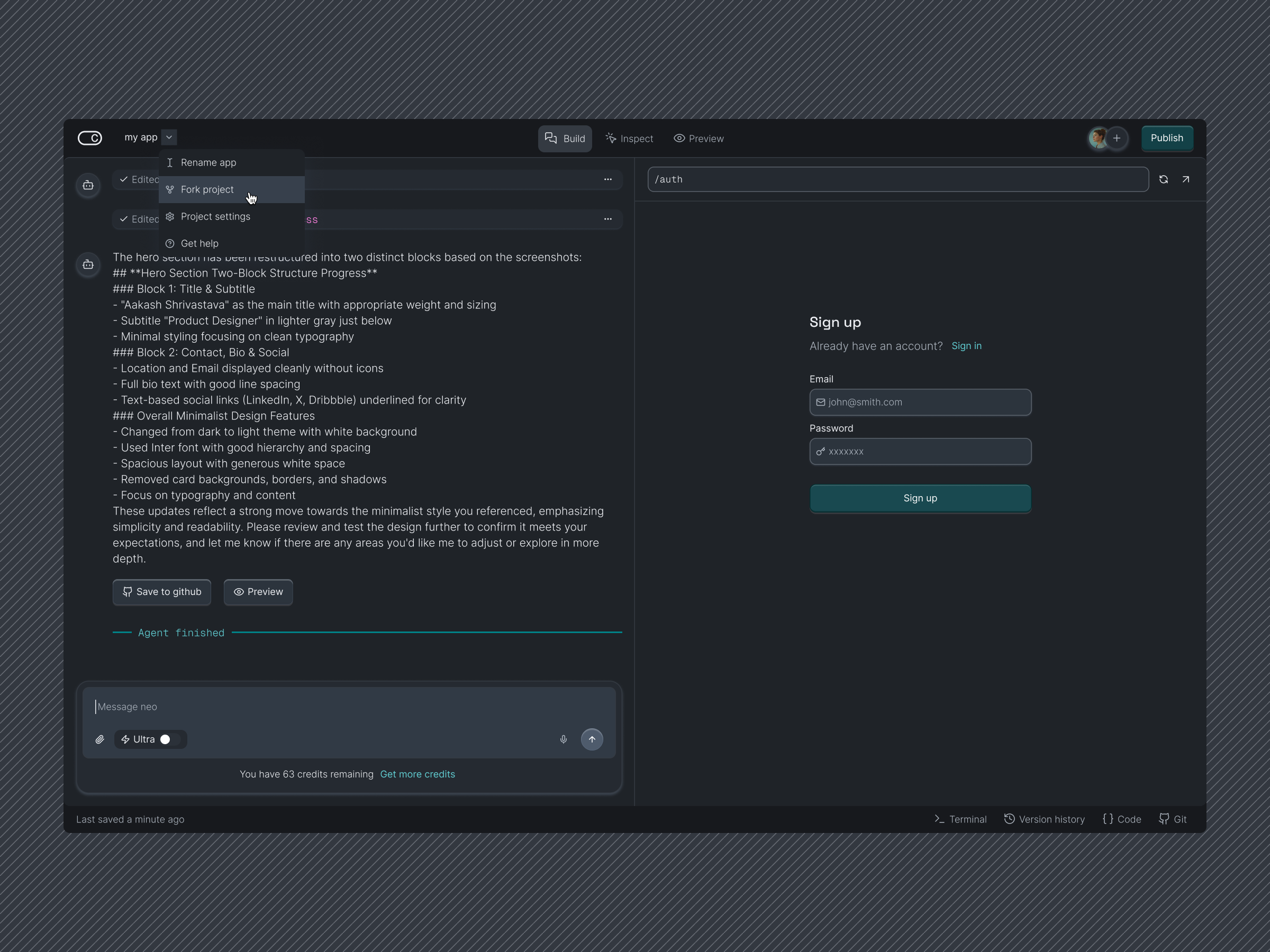 AI App builder concept 2 ai app builder dark mode design system no code ui