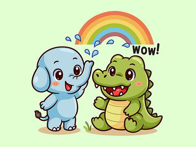 Elephant and Crocodile Friend🐘🐊 animals branding character crocodile cute doodle elephant flat friend friendship happy icon illustration logo play rainbow reptile sky team wild