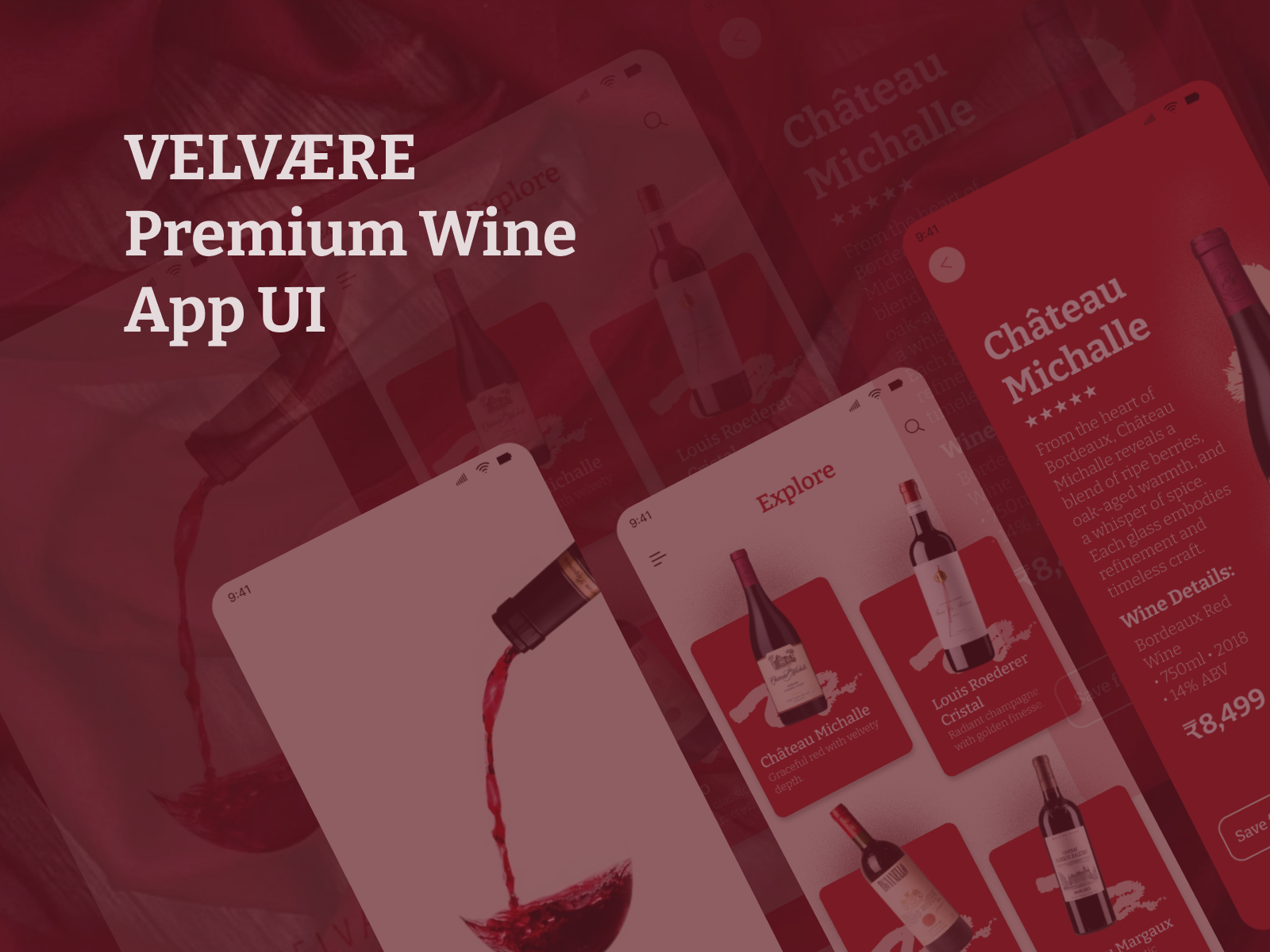 VELVÆRE — Premium Wine App UI classyui ecommerceui figmaui liquorui luxuryui mobileui modernui premiumdesign productdesign productdetailui redtheme splashscreen uiuxdesign wineapp