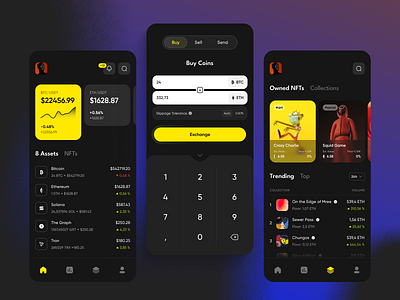 Crypto service - Mobile app app application assets bitcoin coins crypto crypto wallet design home page marketplace mobile nft nft collection nfts service token ui ux wallet