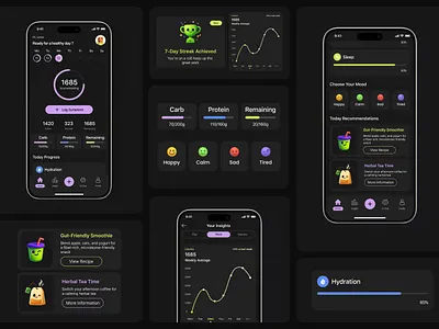 Smart Nutrition & Mood Companion Mobile App Design | UI/UX ai health coach bento cards bento ui calorie tracker dark mode design data visualization digital wellness gut health healthapp healthcare design healthtech mobile app design mobile ui mood tracking nutrition app product design ux ui design wellbeing app wellness tracker