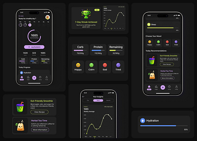 Smart Nutrition & Mood Companion Mobile App Design | UI/UX ai health coach bento cards bento ui calorie tracker dark mode design data visualization digital wellness gut health healthapp healthcare design healthtech mobile app design mobile ui mood tracking nutrition app product design ux ui design wellbeing app wellness tracker