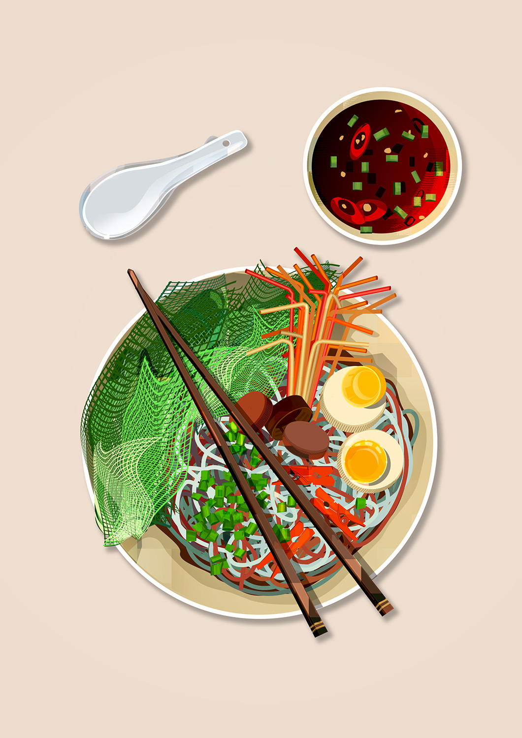 Spicy Ramen - plastic pollution menu series bowl colorful digital art dinner food food illustration illustration lunch meal menu noodles plastic pollution print ramen vector