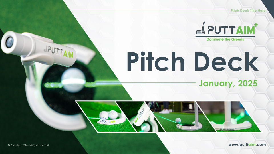 PuttAim+ Pitch Deck Design branding clean creative design dominating equipment golf green hexagon light modern pitch deck powerpoint print professional sell sheet web