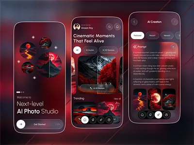 AI Photo Studio Cinematic Creations App ai app ai art ai avatar ai photo generate ai photo studio ai powered chat chatbot chatgpt creative tools dark theme dribbble shot generative ai image restoration image restoration app minimalist design mobile app photo editor prompt engineering