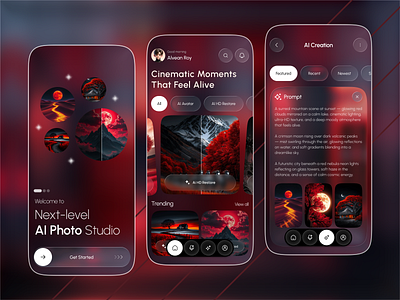 AI Photo Studio Cinematic Creations App ai app ai art ai avatar ai photo generate ai photo studio ai powered chat chatbot chatgpt creative tools dark theme dribbble shot generative ai image restoration image restoration app minimalist design mobile app photo editor prompt engineering