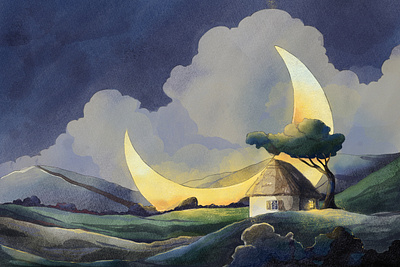 The night is so moonlit. calm cartoon fairytale illustration khata light moon nature night paint retro rustic sky style texture tree ukraine watercolor