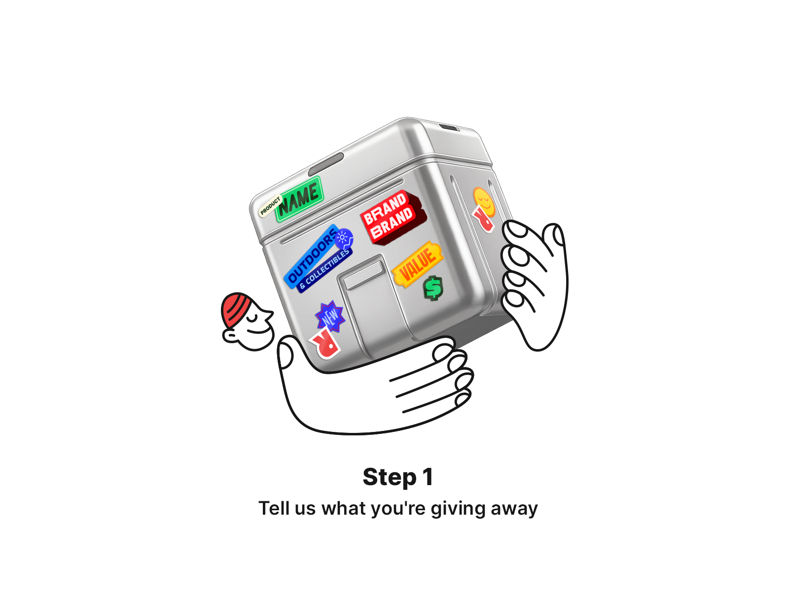 Giveaway app - Step 1 - v2 app box branding character giveaway graphic design hands illustration lines man mistery progress steps stickers tell ui vector wip work in progress