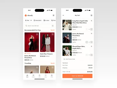 Dressfy - Clean Fashion E-commerce App (Home & Cart) app cart checkout cleanui ecommerce ecommerce app fashion app fashion e commerce inksstudio minimalist shopping app userinterface