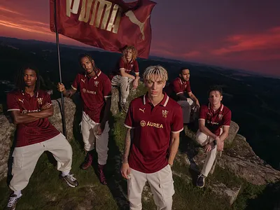 FC Lusitana Group Shot ai branding burgundy football graphic design kit design soccer