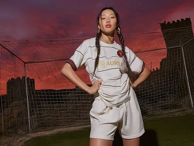 FC Lusitana Fashion Shot ai branding burgundy editorial fashion football gold graphic design kit design soccer