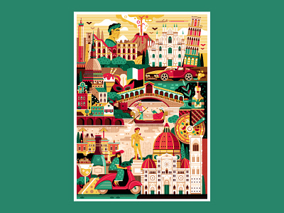 Italy Travel Poster flat design florence geometric illustration italian italy landmarks milano pizza poster print rome travel vector venice