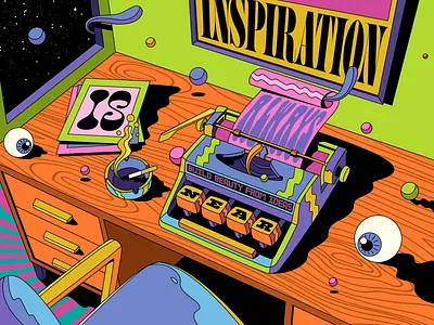 Inspiration is always near color colorful design ideas illustration inspiration kitsch positive thinking positivity psychedelic retro scene still life surreal surrealism typewriter typography vector vintage