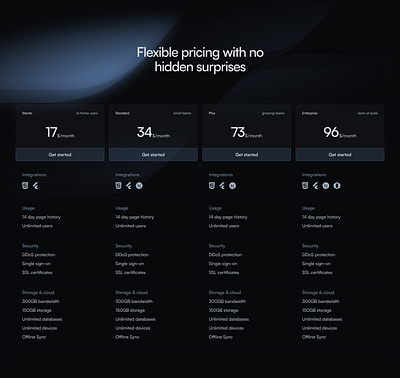 Pricing Table dark design features gradient modern pricing saas startup table tect ui ux
