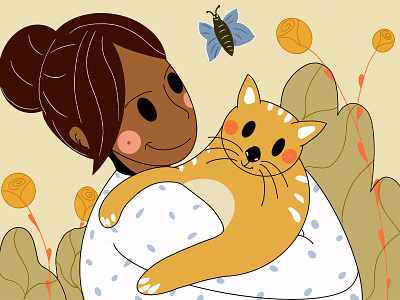 Girl and Cat ❣️❤️ branding butterfly cat character character design clean creativity design face flat design flowers girl illustration leaves love minimal simple smile ui ui design