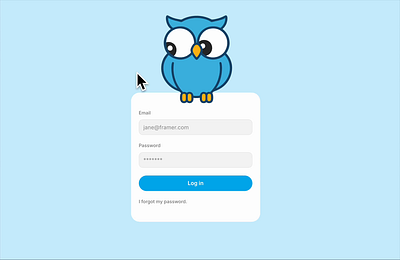 Login page with interactive Rive mascot animation blue interaction mascot owl rive