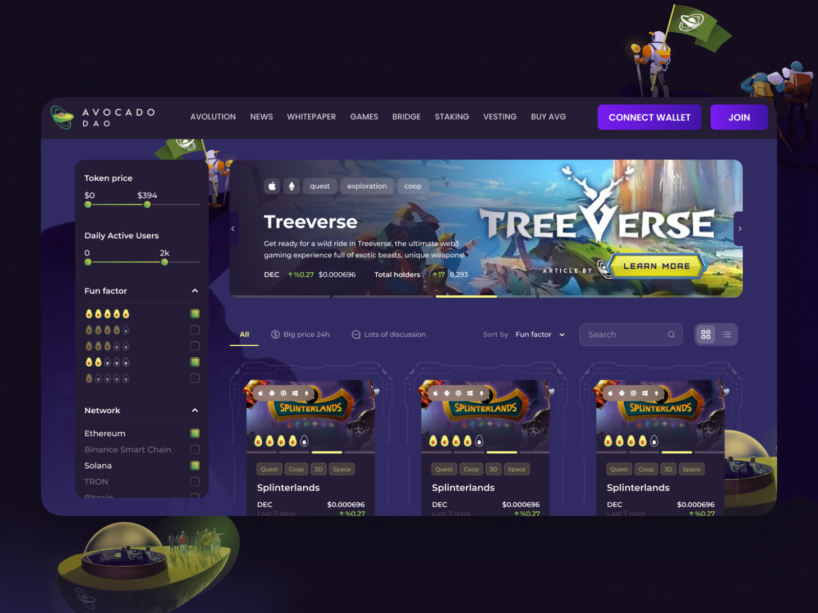 Avocado DAO – Web3 Gaming Dashboard with Live Token Metrics by vino_costa  for Roobinium on Dribbble