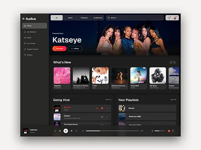 Music Streaming Web App - Dark Mode blur affects clean interface daily ui dark mode app desktop app floating toolbar horizontal scroll minimal dashboard minimal interface modern ui music app music platform music player playlist ui cards ui design web app