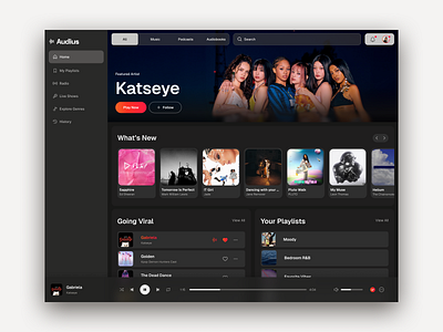 Music Streaming Web App - Dark Mode blur affects clean interface daily ui dark mode app desktop app floating toolbar horizontal scroll minimal dashboard minimal interface modern ui music app music platform music player playlist ui cards ui design web app