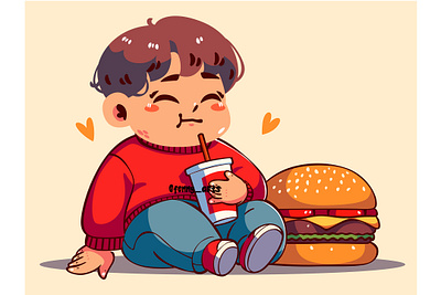 Cartoon Boy Sitting Next to Big Hamburger awareness background blood body day diabetes diabetic diagnosis diet disease event glucose health healthcare insulin medical medication medicine sugar treatment