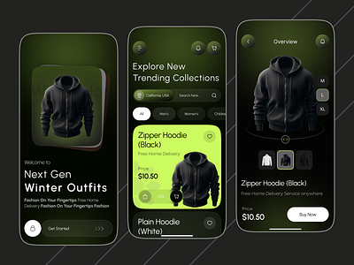 Modern Fashion E-commerce App Design clothing app dark theme delivery e commerce app fashion mobile app fashion ui green accents home delivery service material design minimalist ui mobile app design online online shopping app product page shopping app uiux design winter collection