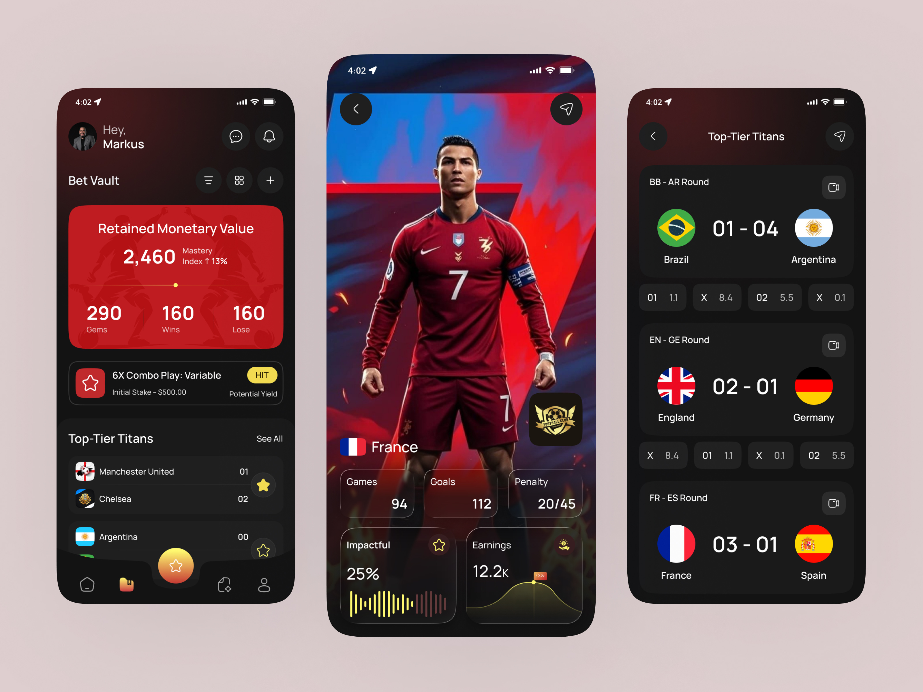 Sports Wagering App Concept betting betting mobile app dark theme design football game live score app match match tracker app mobile app design modern app ui playful rankings screen soccer sport sports club app statistics ui