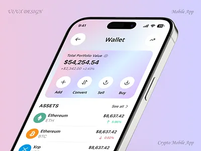 Crypto Wallet Mobile App UI Design app design crypto app crypto portfolio crypto wallet dashboard design finance app fintech ui gradient design investment app mobile app mobile app design modern ui uiux design wallet app
