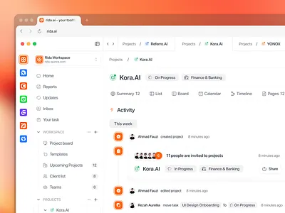 Rida.ai - Project Management Dashboard ai board dashboard dashboard management dashboard project dekstop design kanban project management ui ux website