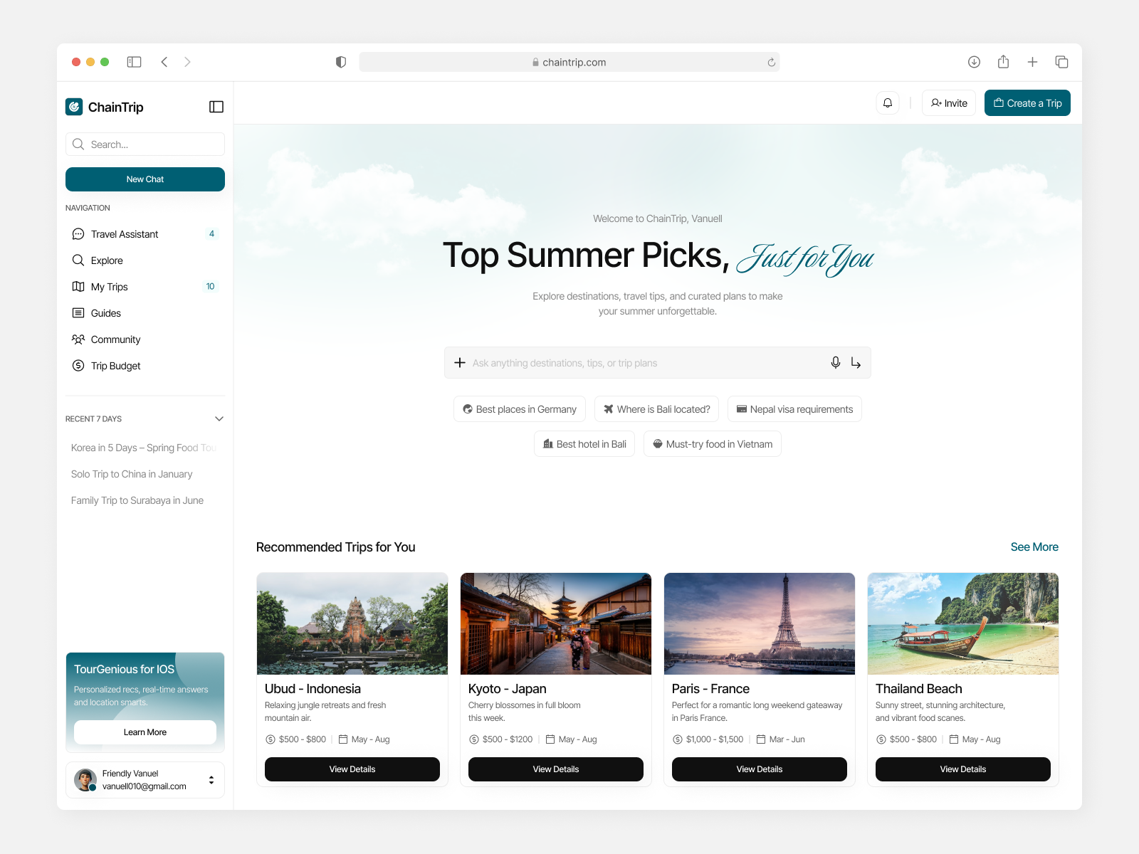 ChainTrip - AI Trip Planner aitrip artificialintelegance branding clean cool dashboard design illustration logo roudtrip travel traveling trip ui uiux ux