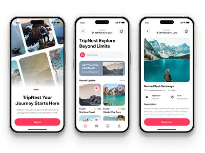 TripNest – Travel Agency Mobile App UI 🌍 appdesign designinspiration dribbble figmadesign interfacedesign minimaldesign mobileui nexilaagency productdesign travelapp tripnest uidesign uxdesign