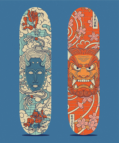 Skateboards decks urban tribes background pattern character design deck ethnic masks graphic design illustrations japan influence japanese style mockup mockups skateboards skaters tribe mask urban tribes vector graphics